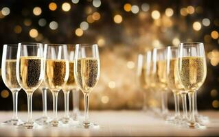 Party row of champagne glasses on table on the gold festive bokeh background. Many glass of white sparkling  wine. Buffet. Celebration of birthday, baptism, wedding or corporate party. AI Generative photo