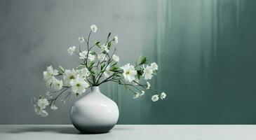 White vase with white blooming flowers in sunlight from window on pastel emerald gray wall, shadow on white floor for decoration, luxury cosmetics, skincare, beauty product display, AI Generative photo