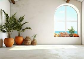 Mediterranean style wall to the sea view with large arched  window, decorated with indoor green plants in vases, AI Generative photo