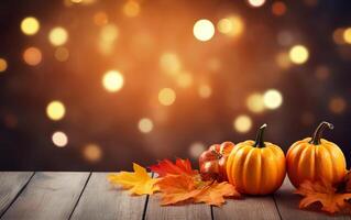 Thanksgiving day with pumpkins and colorful maple leaves on dark bokeh lights orange background. Autumn composition with copy space. Wooden table. Halloween concept. photo