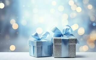 Close up of silver gift boxes with blue ribbon bow tag over blurred bokeh background with lights. Christmas decor. Greeting festive image. Copy space. AI Generated photo