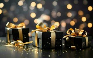 Black gift boxes with golden ribbon bow tag and golden confetti on blurred black background with orange lights. Copy space. New year. Birthday. Black friday discounts concept. AI Generated photo