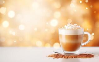 cup of latte with cinnamon and whipped cream on a white plate, blurred sparkling gold background with beautiful bokeh, festive atmosphere, cinnamon powder on the table. AI Generative photo