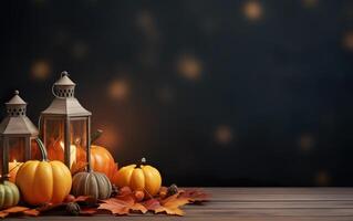 Vintage lantern with burning candle on wooden floor decorated in autumnal style, pumpkins, maple leaves. Blurred bokeh lights. Concept of autumn. Copy space. AI Generative photo