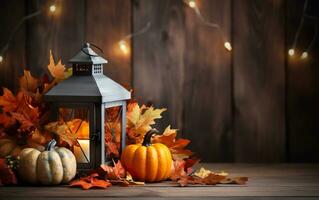 Vintage lantern with burning candle, pumpkins, maple leaves on warm toned background with Blurred bokeh lights. Halloween Composition, Thanksgiving day concept. Copy space. AI Generative photo