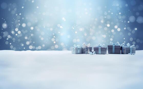 Navidad y nuevo año antecedentes - regalo cajas con azul y blanco cinta arco etiqueta en el nieve bokeh antecedentes. saludo festivo imagen con Copiar espacio. ai generado foto