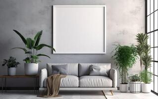 Living room with square mockup frame on the gray wall, decorated with elegant sofa and rug. Green plants on the floor, Gray minimalist design scene in a scandinavian style, photo
