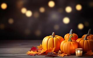 3d pumpkin with candles and colorful maple leaves on dark bokeh lights blue background with copy space. Wooden table. Halloween concept. Happy Thanksgiving. photo
