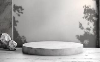 Empty mockup scene of concrete texture cube podium for template, gray wall with stones and and foliages leaves shadow, beauty product display, photo