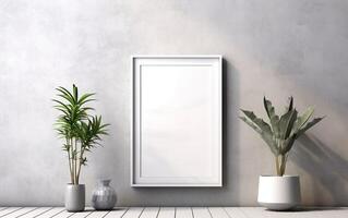 Vertical white frame mockup with vase decor and green plants over grey wall interior, sunlight and foliages leaves shadow.  blank mockup with copy area. AI Generative photo