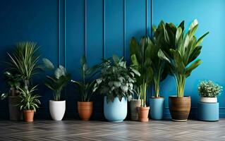 el interior en conserva plantas decoración en moderno habitación con un de madera piso y azul pared. ai generativo foto