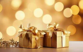 Golden gift boxes with ribbon bow tag over blurred bokeh background with lights. Christmas decor. Blinking Holiday Background. Copy space. AI Generative photo