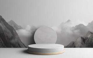 3d background product display podium scene with white cylinder stand concept. Empty space for beauty skincare technology products display, Gray Mountains background, photo