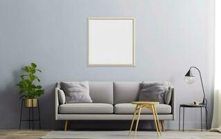 Living room with mockup frame on the gray wall, decorated with gray sofa and green plant in a vase on the floor, minimalist design scene, AI Generative photo