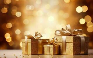 Golden gift boxes with ribbon bow tag over blurred bokeh background with lights. Christmas decor. Blinking Holiday Background. Copy space. AI Generative photo