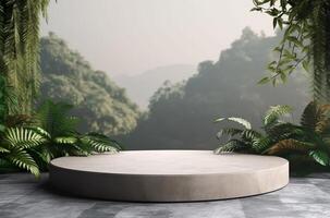 Empty product display podium scene with cylinder stand concept. Green forest and mountines background, sunlight and shadow. for beauty skincare technology products display 3d rendering, AI Generative photo