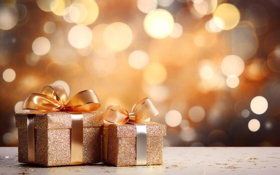 Navidad y nuevo año antecedentes - regalo cajas con dorado cinta arco etiqueta ver borroso bokeh luces. parpadeo fiesta antecedentes. Copiar espacio. ai generativo foto