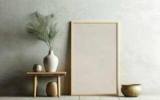 Wooden frame mockup on  grey wall with green brances in vase, blank vertical frame with copy space. Contemporary interior mockup. AI Generative photo