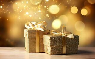 Navidad y nuevo año antecedentes - regalo cajas con dorado cinta arco etiqueta ver borroso bokeh luces. parpadeo fiesta antecedentes. Copiar espacio. ai generativo foto