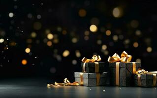 Black gift boxes with golden ribbon bow tag on blurred black background with orange lights in the style of bokeh. Copy space. New year. Birthday. Black friday discounts concept. AI Generated photo