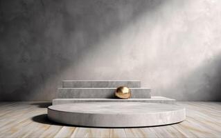 3d rendering empty mockup scene of cube rectangle podium for product template display, gray marble wall, wooden floor with daylight and shadow, photo