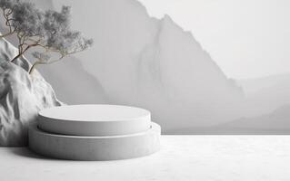 3d background product display podium scene with white cylinder stand concept. Empty space for beauty skincare technology products display, Forest mountains background, photo