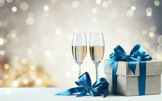 silver gift boxes with blue ribbon bow tag and Champagne glasses over blurred bokeh background with lights. Christmas decor. Copy space. AI Generated photo