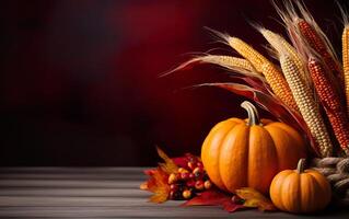 Thanksgiving background with pumpkins, corn cobs, maple leaves and fall berries on dark bokeh lights background. Autumn composition with copy space. Wooden table. Halloween concept. photo