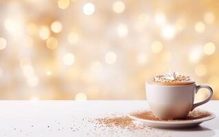 cup of latte with whipped cream on a white plate, blurred, sparkling background with beautiful bokeh, light orange gold, festive atmosphere, cinnamon powder on the whit table. photo
