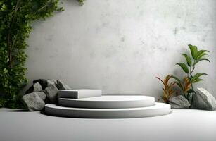 3d rendering scene with Empty concrete podium, stones and  tropical plants background. Gray wall and white floor. Stage showcase, beauty skincare technology products display. AI Generative photo