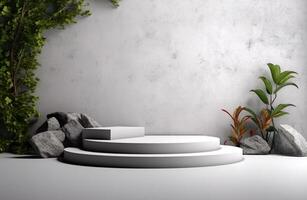 3d rendering scene with Empty concrete podium, stones and tropical plants background. Gray wall and white floor. Stage showcase, beauty skincare technology products display. photo