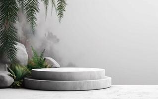 3d background product display podium scene with cylinder stand concept and empty apace. Foggy forest background, for beauty skincare technology products display, photo