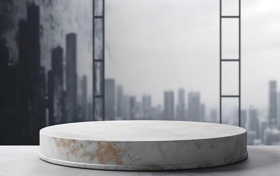 vacío hormigón textura podio o pedestal monitor con paisaje urbano antecedentes. 3d etapa escaparate. mínimo composición con redondo plataforma, ai generativo foto