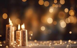 Romantic golden candles on wooden table with blurred sparkling bokeh background. Christmas lights. Copy space for holiday card. AI Generative photo