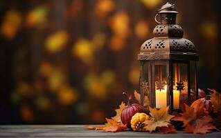 Vintage lantern with burning candle, pumpkins, maple leaves on warm toned background with Blurred bokeh lights. Halloween Composition, Thanksgiving day concept. Copy space. AI Generative photo