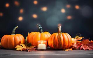 Autumn pumpkin with candles, maple leaves on dark bokeh lights blue background with copy space. Wooden table. Halloween concept. Happy Thanksgiving. photo