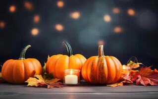 Autumn pumpkin with candles, maple leaves on dark bokeh lights blue background with copy space. Wooden table. Halloween concept. Happy Thanksgiving. AI Generative photo