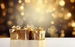 Christmas and new year background - gift boxes with golden ribbon bow tag ver blurred bokeh  lights. Blinking Holiday Background. Copy space. AI Generative photo