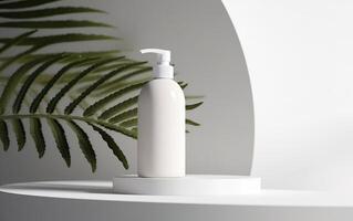 3d mockup of a bottle of of white blanc dispenser on a white podium, product display scene with tropical leaf, light gray and white background, photo
