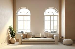 Luxury apartment Santorini Interior of modern living room sofa or couch, arched windows and beige wall, minimalist design, AI Generative photo