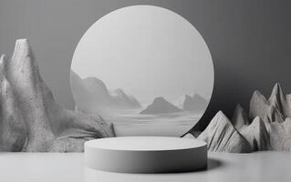 3d background product display podium scene with white cylinder stand concept. Empty space for beauty skincare technology products display, Gray Mountains background, photo