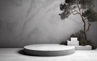 Empty concrete geometrical podium or pedestal with a tree background. Marble wall and white floor. 3d stage showcase, beauty skincare technology products display. photo