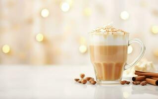 cup of latte with cinnamon, coffee beans and whipped cream, blurred, sparkling and fabulous background, light orange and light gold, festive atmosphere, white table. AI Generative photo