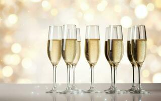 Glasses of champagne on table on the gold festive bokeh background. Many glass of white sparkling  wine. Buffet. Celebration of birthday, baptism, wedding or corporate party. AI Generative photo