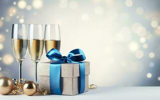 Christmas and new year background - gift boxes with blue ribbon bow tag and Champagne glasses on the background of bokeh garlands. Copy space. AI Generated photo