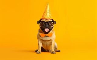 French Bulldog in Party Hat and Sunglasses over Yellow Background. Funny Pet dog Celebrating. AI Generative photo