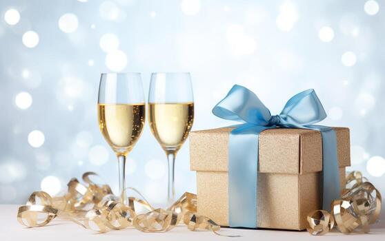 Navidad y nuevo año antecedentes - regalo cajas con azul cinta arco etiqueta y champán lentes en el antecedentes de bokeh guirnaldas Copiar espacio. ai generado foto