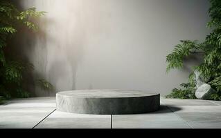 3d rendering scene with Empty concrete podium, stones and  tropical plants background. Sunlight on s Gray wall. Stage showcase, beauty skincare technology products display. AI Generative photo