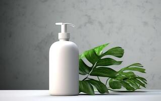 empty bottle mockup of white blanc dispenser on a white table counter, marble background, cosmetic product display podium scene with tropical leaf, AI Generative photo