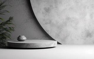 empty mockup scene of cylinder stand concept, podium for product display, gray concrete wall, white floor with green plant background, 3d rendering, photo